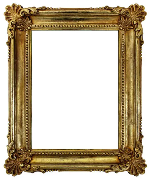 Photo of an antique/vintage picture frame, plated in rich gold. The actual design/composition of the frame was digitally modified slightly to make it even more striking.