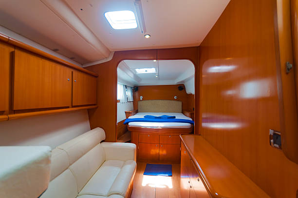 istock Bed in a luxury yacht boat decoration 502221036