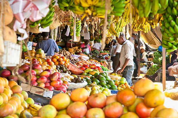 Ripe fruits stacked at a local market in Nairobi. Nairobi, Kenya - February 6, 2014:  Ripe fruits stacked at a local fruit and vegetable market on February 6, 2014. Nairobi, Kenya. The market is frequently visited by locals and tourists. experiential travel stock pictures, royalty-free photos & images