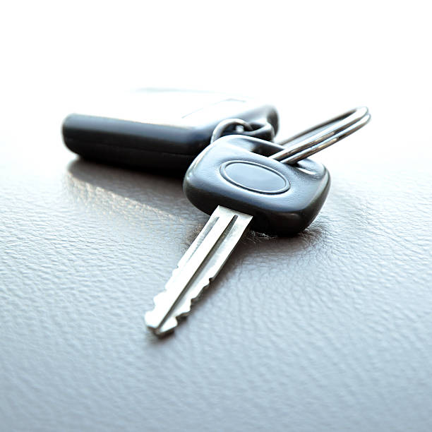 istock Car key with remote control on gray leather texture 502222617