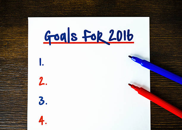 istock Blank New Year's goals 2016 list on table with pens 502223110