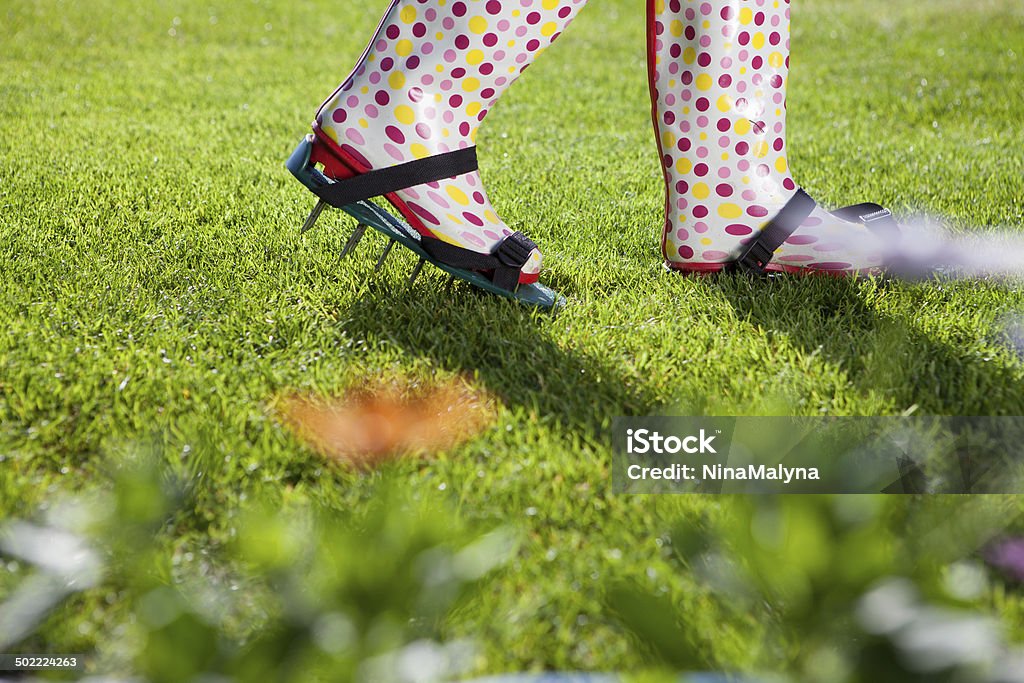 Женщина в виде газон активизации aerating обувь - Стоковые фото Трава роялти-фри