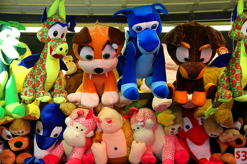 Vancouver, Canada - August 17, 2013: Stuffed toys, waiting to be won at a carnival
