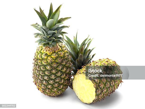 Two Pineapples On White Showing One Cut Stock Photo - Download Image Now - 2015, Antioxidant, Close-up