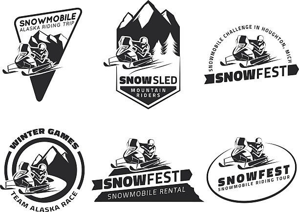 ilustraciones, imágenes clip art, dibujos animados e iconos de stock de conjunto de invierno snowmobile emblems, credenciales e iconos. - motoesquí