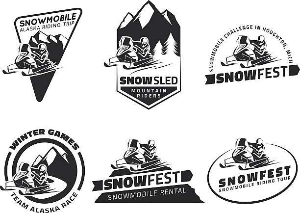 illustrazioni stock, clip art, cartoni animati e icone di tendenza di set di inverno motoslitta emblemi e distintivi e icone. - snowmobiling snow winter mountain