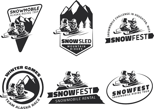 Set of winter snowmobile emblems, badges and icons. Snowmobile winter riding trip, snow sled and snowmobile design elements.