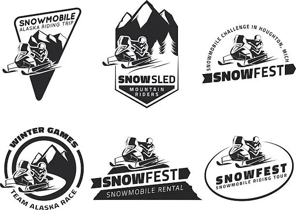 Vector illustration of Set of winter snowmobile emblems, badges and icons.