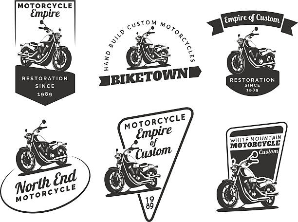 Set of classic motorcycle emblems, badges and icons. Motorcycle repair, service and motorcycle club design elements. Isolated vintage motorcycle side view. Vector.