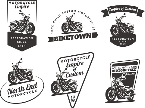 Set of classic motorcycle emblems, badges and icons. Motorcycle repair, service and motorcycle club design elements. Isolated vintage motorcycle side view. Vector.