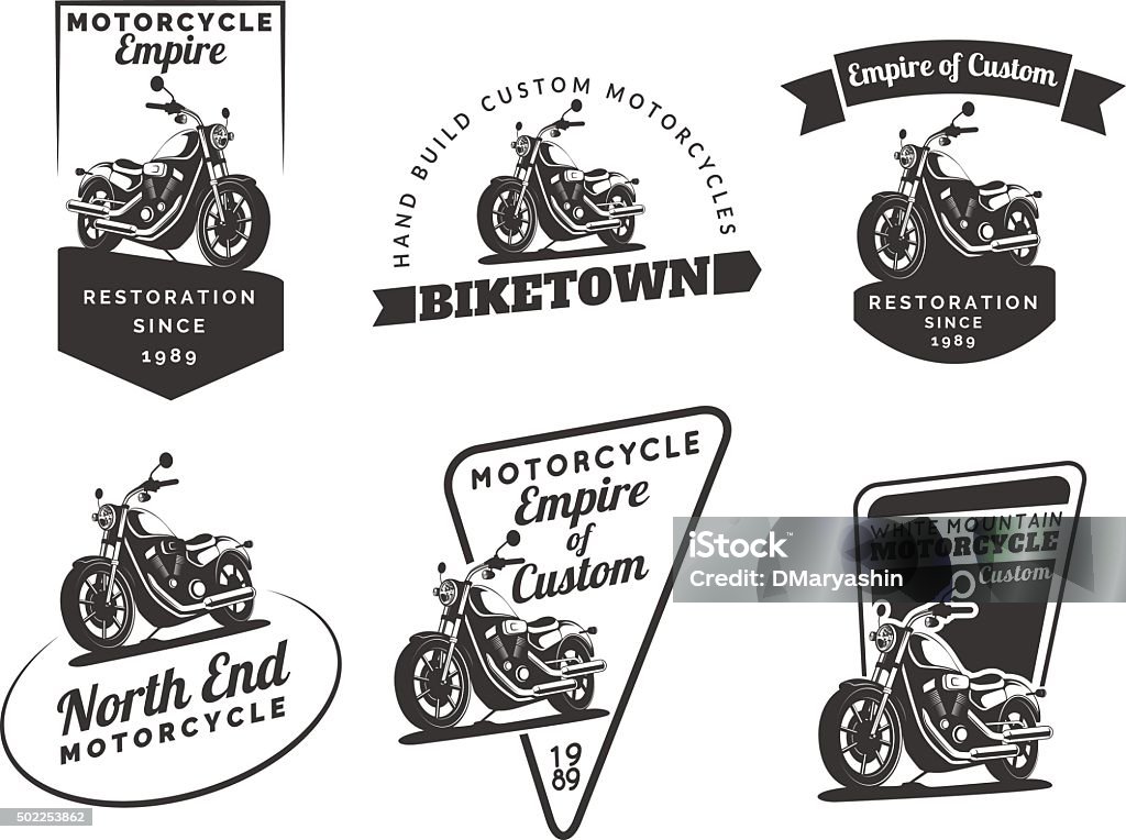 Set of classic motorcycle emblems, badges and icons. Set of classic motorcycle emblems, badges and icons. Motorcycle repair, service and motorcycle club design elements. Isolated vintage motorcycle side view. Vector. Motorcycle stock vector