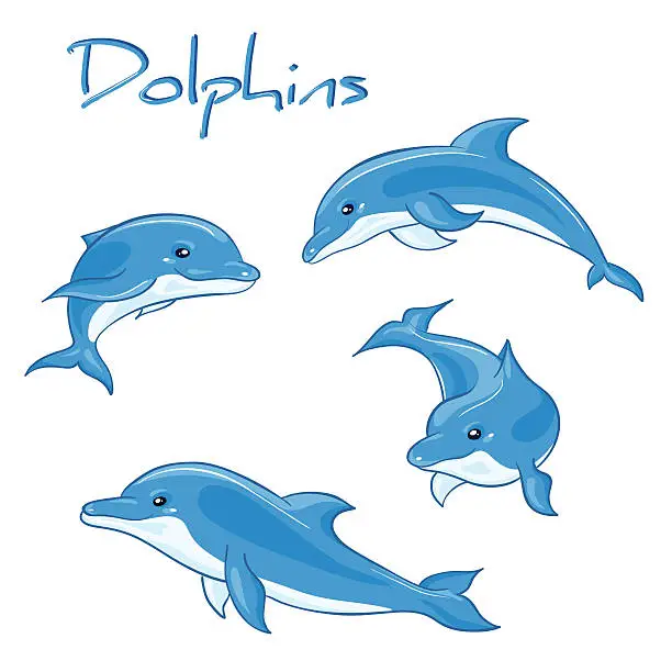 Vector illustration of vector hand drawn set of cartoon dolphins in different poses