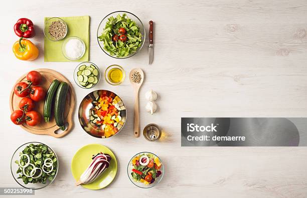 Healthy Eating And Food Preparation At Home Stock Photo - Download Image Now - Kitchen Counter, Ingredient, Food