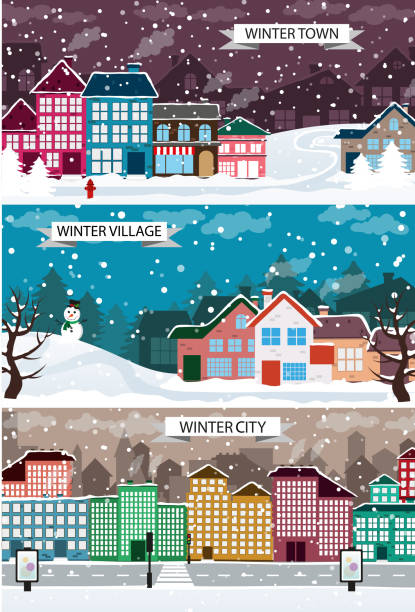 illustrations, cliparts, dessins animés et icônes de paysage urbain d'hiver - model home house home interior roof
