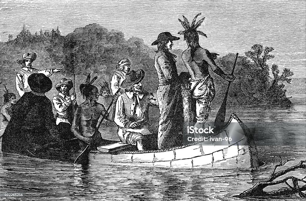 Marquette and Joliet discovering the Mississippi Indigenous Peoples of the Americas stock illustration