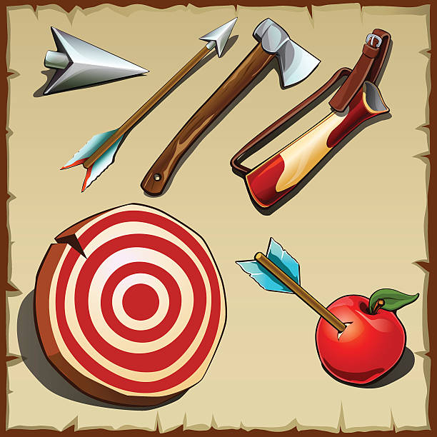 Archery set and tools for the hunter Archery vector set and tools for the hunter shot apple stock illustrations