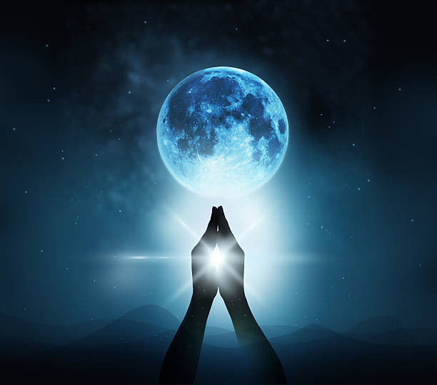 Respect and pray on blue full moon with nature background