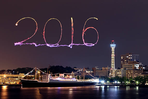2016 New Year Fireworks celebrating over marina bay in Yokohama City, Japan