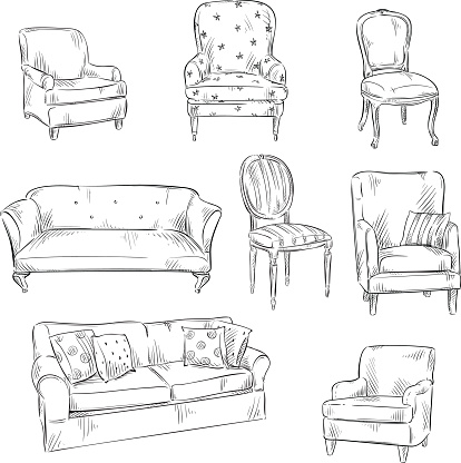 set of hand drawn chairs and sofas, vector illustration