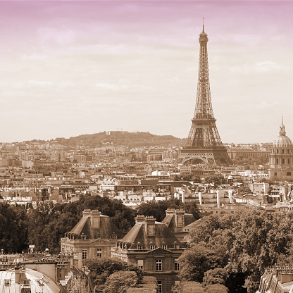 Paris, France - cityscape with Eiffel Tower. UNESCO World Heritage Site. Sepia tone. Square composition.