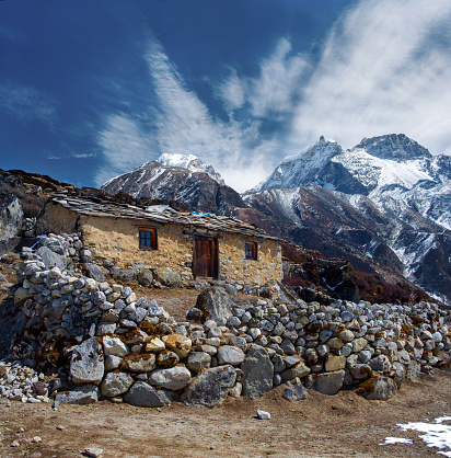 Stone cabin in the mountain, along the trail to Mount Everest Base Camp, Nepal Himalaya