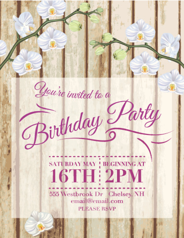Orchids Birthday Party vertical Invitation Template.  The poster has two orchid branches with flowers along the top.  Under the orchid branches is a beige square with Birthday party text on it.  The invitation is on a tan and beige woodgrain vertical plank background.