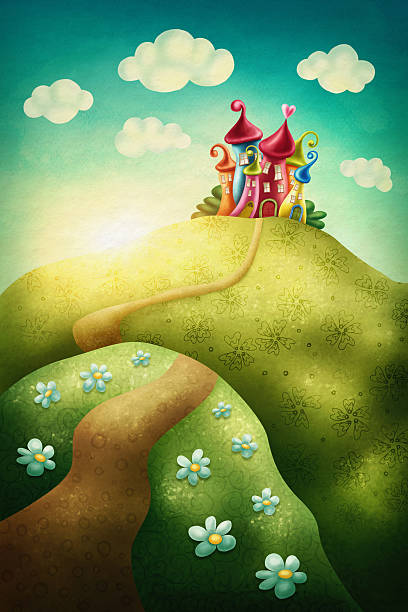 Fantasy castle Fantasy castle in the meadow fairy tale village stock illustrations