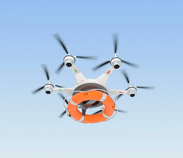 Drone carrying lifebuoy for lifesaving concept. 3D rendering image.