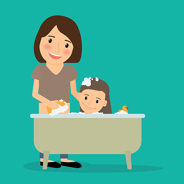 ilustraciones, imágenes clip art, dibujos animados e iconos de stock de madre de bebé niña baño - shower child shampoo washing
