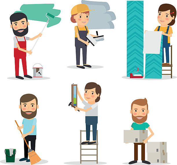illustrazioni stock, clip art, cartoni animati e icone di tendenza di persone con attrezzature di riparazione casa - uomo dipinge