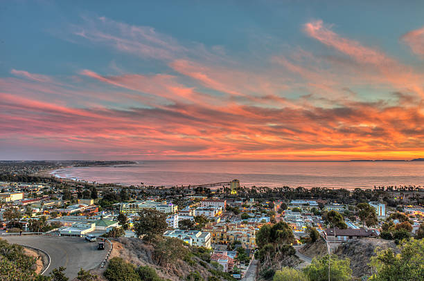Vibrant sky over small, coastal town.
