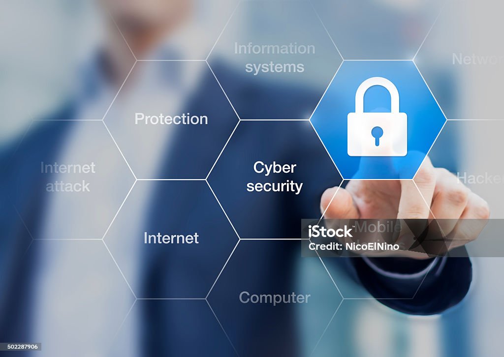 Cyber security concept on virtual screen,  consultant presentation Cyber security concept on virtual screen with a consultant doing presentation in the background Network Security Stock Photo