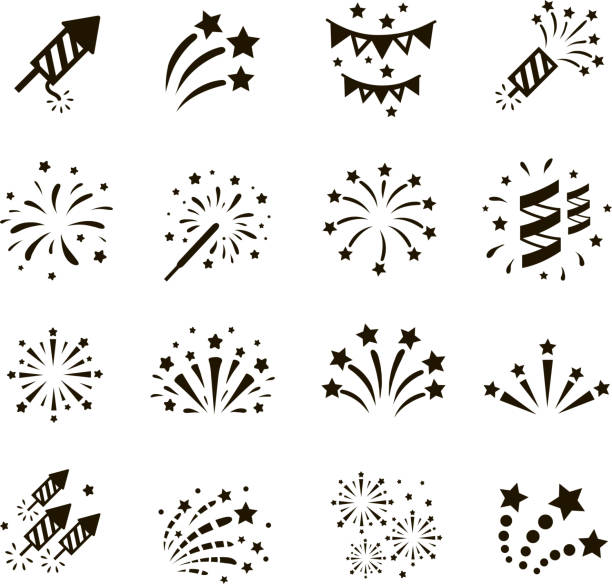 Firework icon set , vector Firework icon set with petard, stars. Festival and event, celebrate and party. Vector  fireworks and sparklers stock illustrations