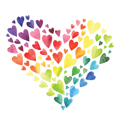 Set of watercolor hearts. Colors of rainbow. Vector illustration.