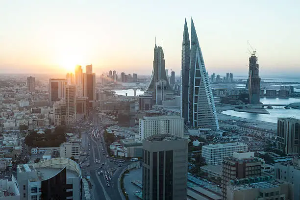 High angle view of Manama City at sunset. Kingdom of Bahrain, Middle East