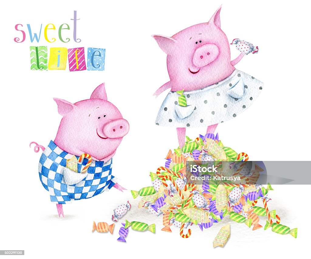 Lovely Greeting Card with Piglets and Candies Hand drawn watercolor image. The author is Ekaterina Mikheeva, date of creation - December, 2015 2015 stock illustration