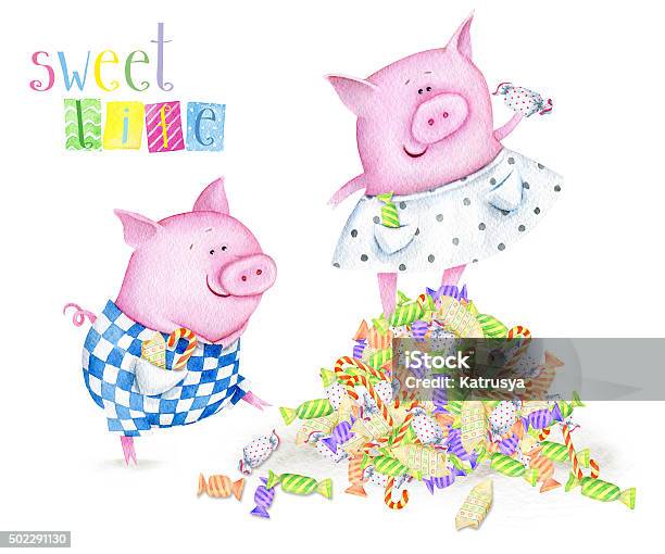 Lovely Greeting Card With Piglets And Candies Stock Illustration - Download Image Now - 2015, Alphabet, Animal