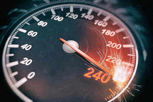 Speedometer 240KM/h overdrive with sparks stock photo