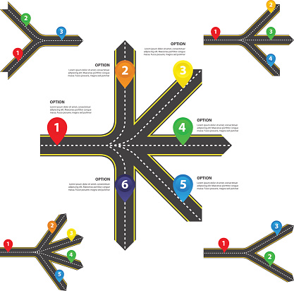 Collection of horizontal diverging and converging roads with arrows, bright map pointers and text fields - Vector infographics template