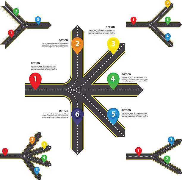 Vector illustration of Horizontal Diverging and converging roads Set - Vector infographics