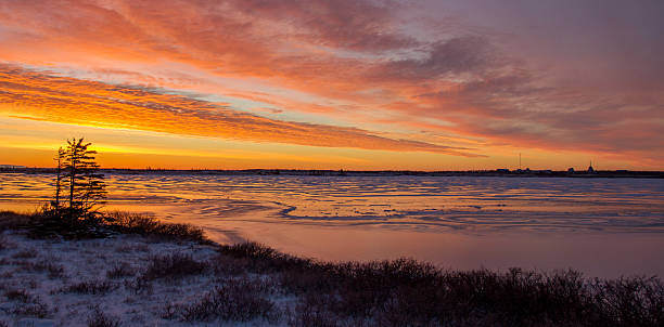 pôr do sol do ártico gelo canadiano - arctic canada landscape manitoba imagens e fotografias de stock