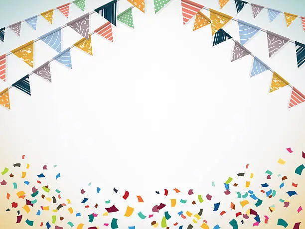 Photo of Celebrate banner. Party flags with confetti. Vector.