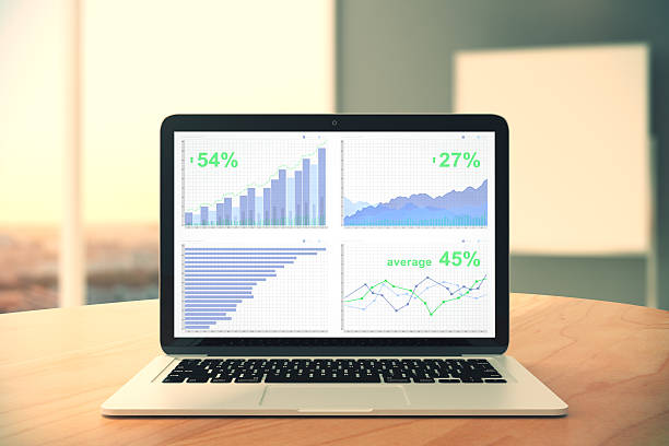 istock Business chart on laptop screen on wooden table 502296386