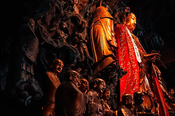 Guanyin, Shen Cai and his 53 teachers in the Grand Hall of Jade Buddha Temple in Shanghai, China. It was founded in 1882.