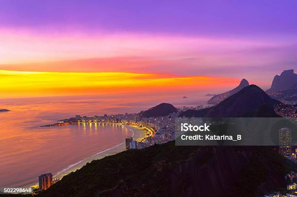 Night View Of Copacabana Beach In Rio De Janeiro Stock Photo - Download Image Now - 2015, Aerial View, Arranging