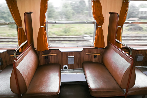 Inside of an old German passanger train wagon, economy class  of the 60s.