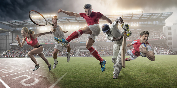 A composite image of five sporting athletes in mid action – female athlete sprinting, males tennis player in mid air swing, football player jumping mid mid air kick, cricket batsman in mid stroke, rugby player holding rugby ball and diving. Background are generic floodlit arenas and stadium appropriate to each sport. 