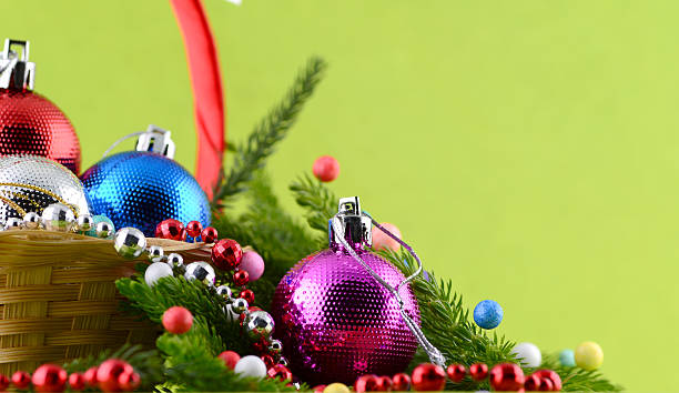 Christmas Decoration: colorful Christmas balls and ornaments with Christmas tree
