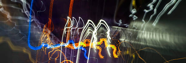 istock Crazy blue and orange lights background, blurry abstract light panorama. 502318704
