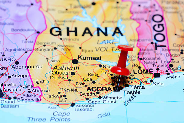 Accra pinned on a map of Africa Photo of pinned Accra on a map of Africa. May be used as illustration for traveling theme. ghana photos stock pictures, royalty-free photos & images